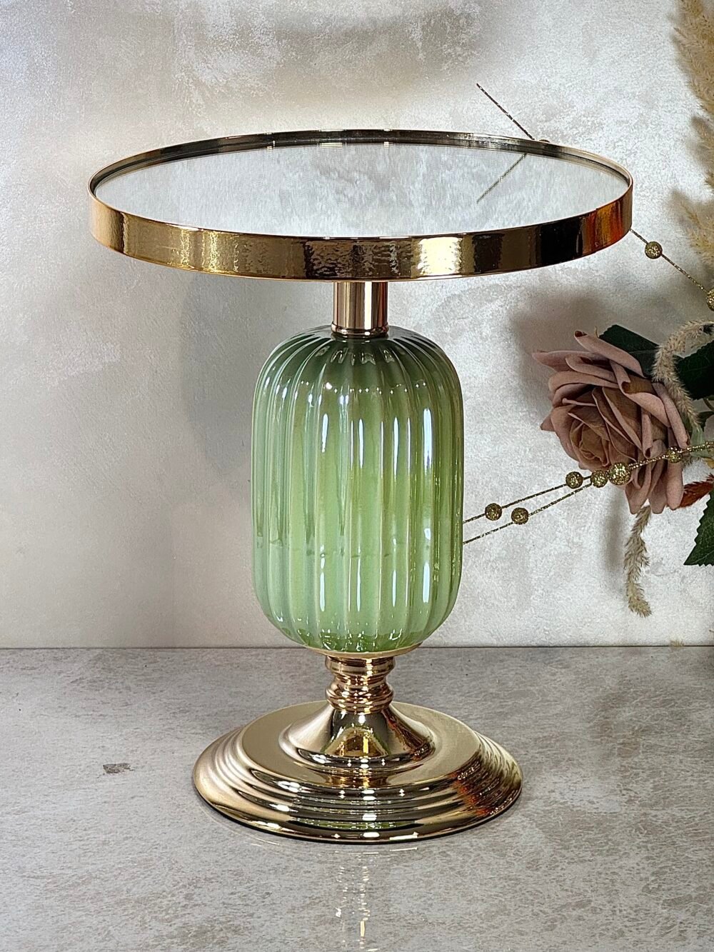 Ensemble de 2 Présentoirs Élevés en Miroir Vert et Doré – Design Élégant pour Décoration Raffinée