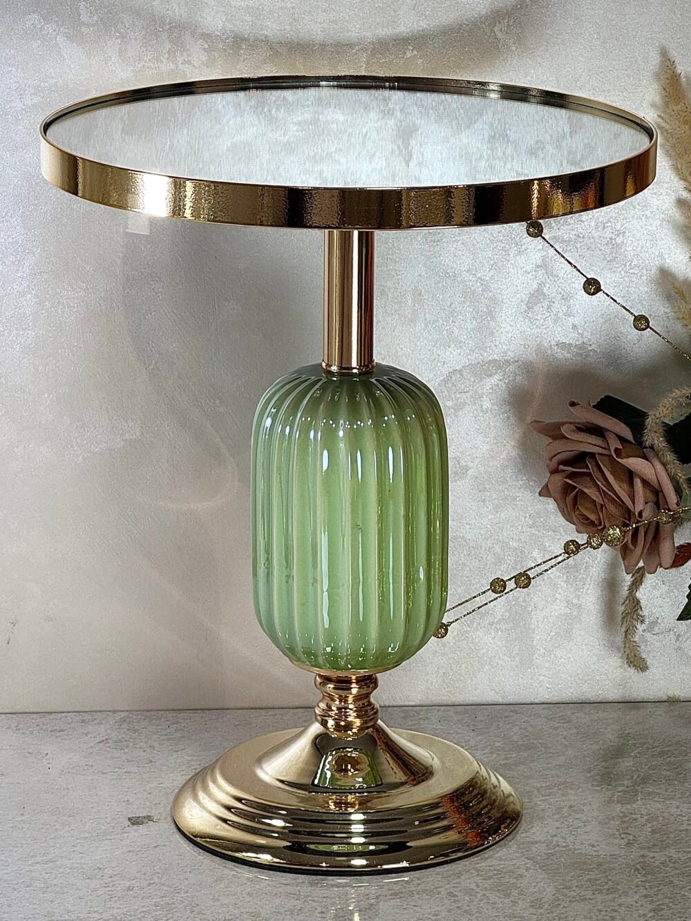 Ensemble de 2 Présentoirs Élevés en Miroir Vert et Doré – Design Élégant pour Décoration Raffinée