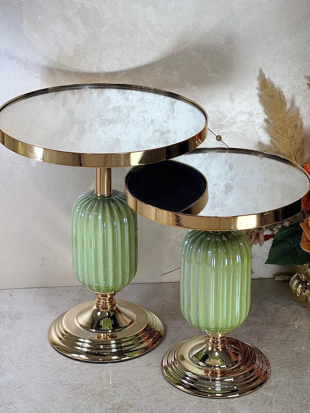 Ensemble de 2 Présentoirs Élevés en Miroir Vert et Doré – Design Élégant pour Décoration Raffinée
