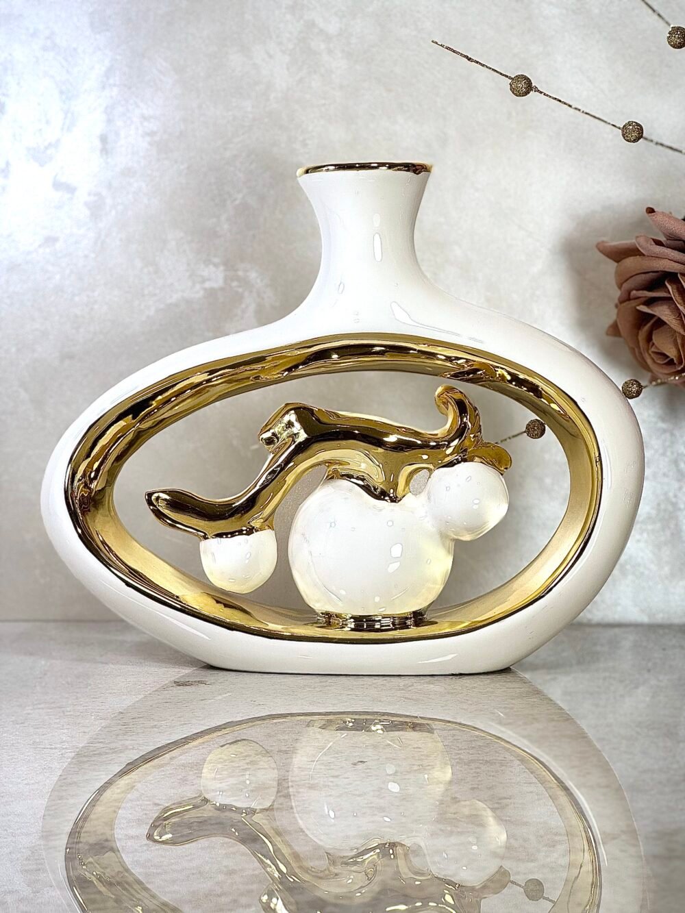 Ensemble de 2 Vases avec Décoration Branche de Pommier – Blanc et Doré Élégant