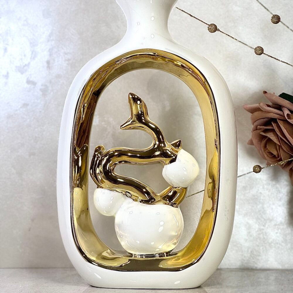 Ensemble de 2 Vases avec Décoration Branche de Pommier – Blanc et Doré Élégant