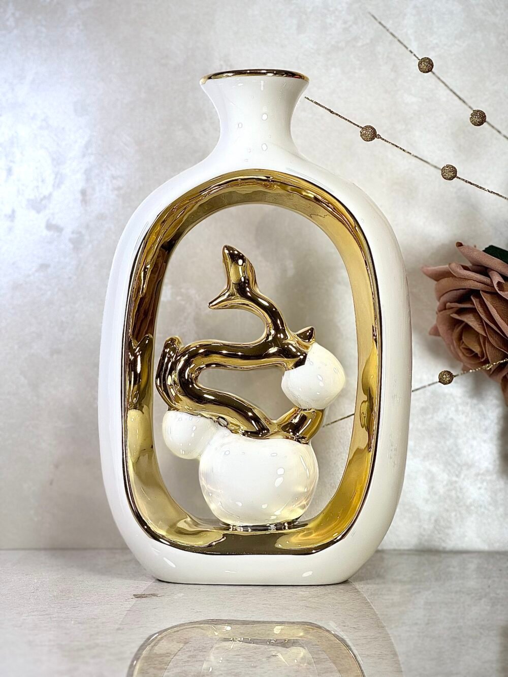 Ensemble de 2 Vases avec Décoration Branche de Pommier – Blanc et Doré Élégant