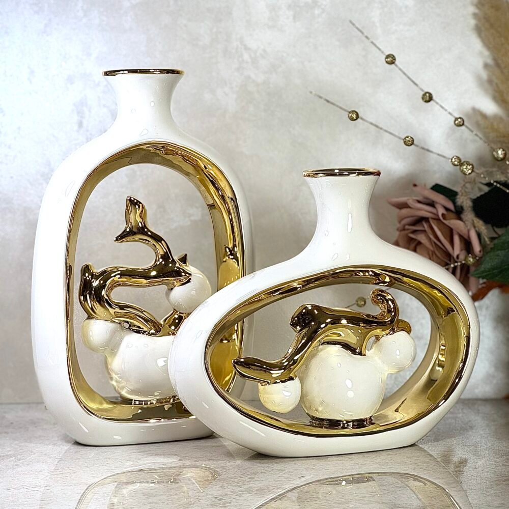 Ensemble de 2 Vases avec Décoration Branche de Pommier – Blanc et Doré Élégant
