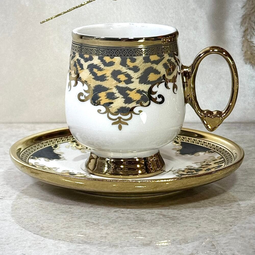 Ensemble de 6 Tasses à Café avec Sous-Tasses – Blanc et Doré, Motif Panthère Orange et Grise