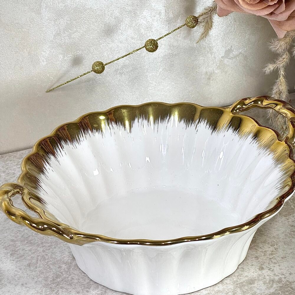 Bol Rond Blanc et Doré avec Poignées – Design Élégant et Pratique pour Votre Table