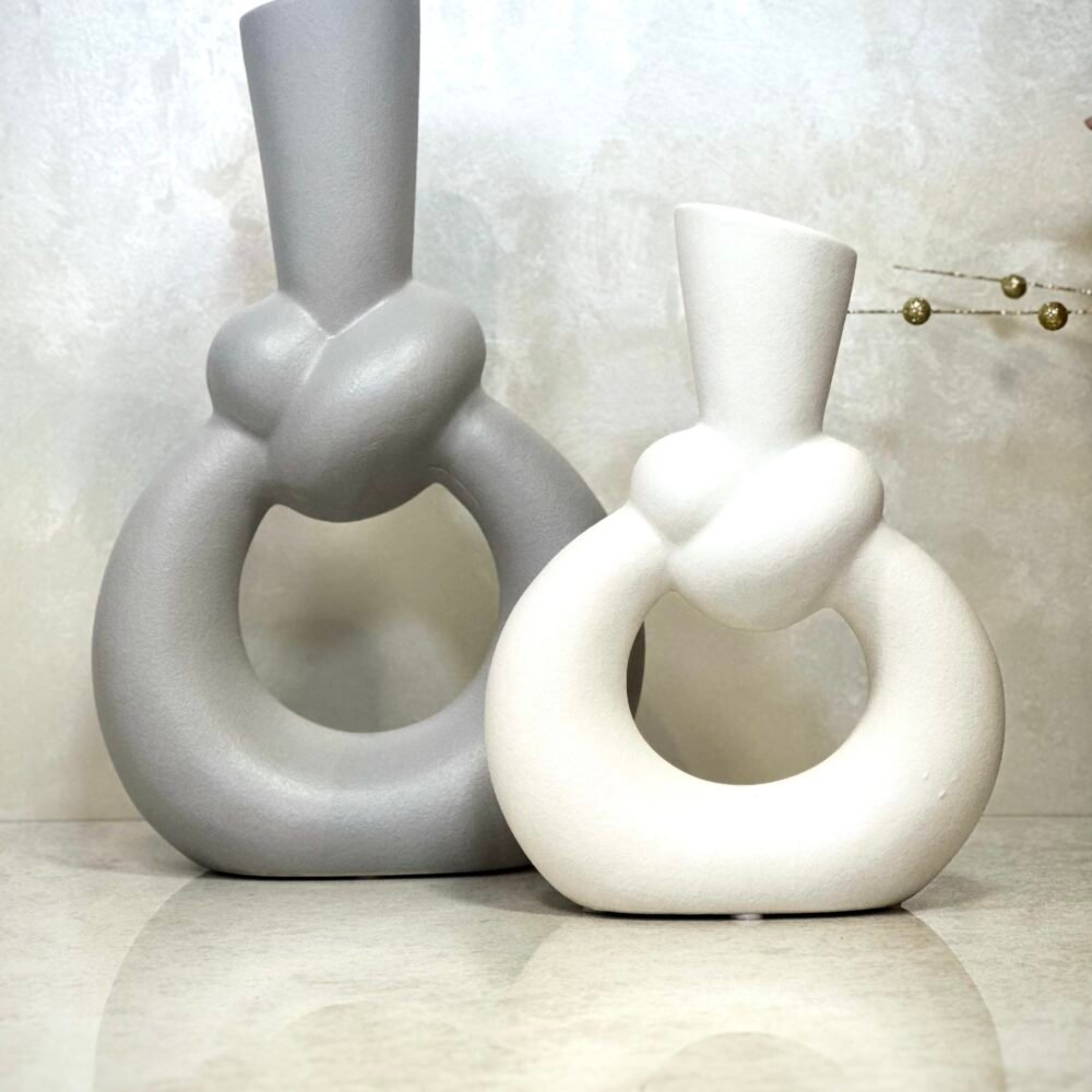 Ensemble de 2 Vase Nœud Abstrait en Céramique – Taupe Beige et Blanc